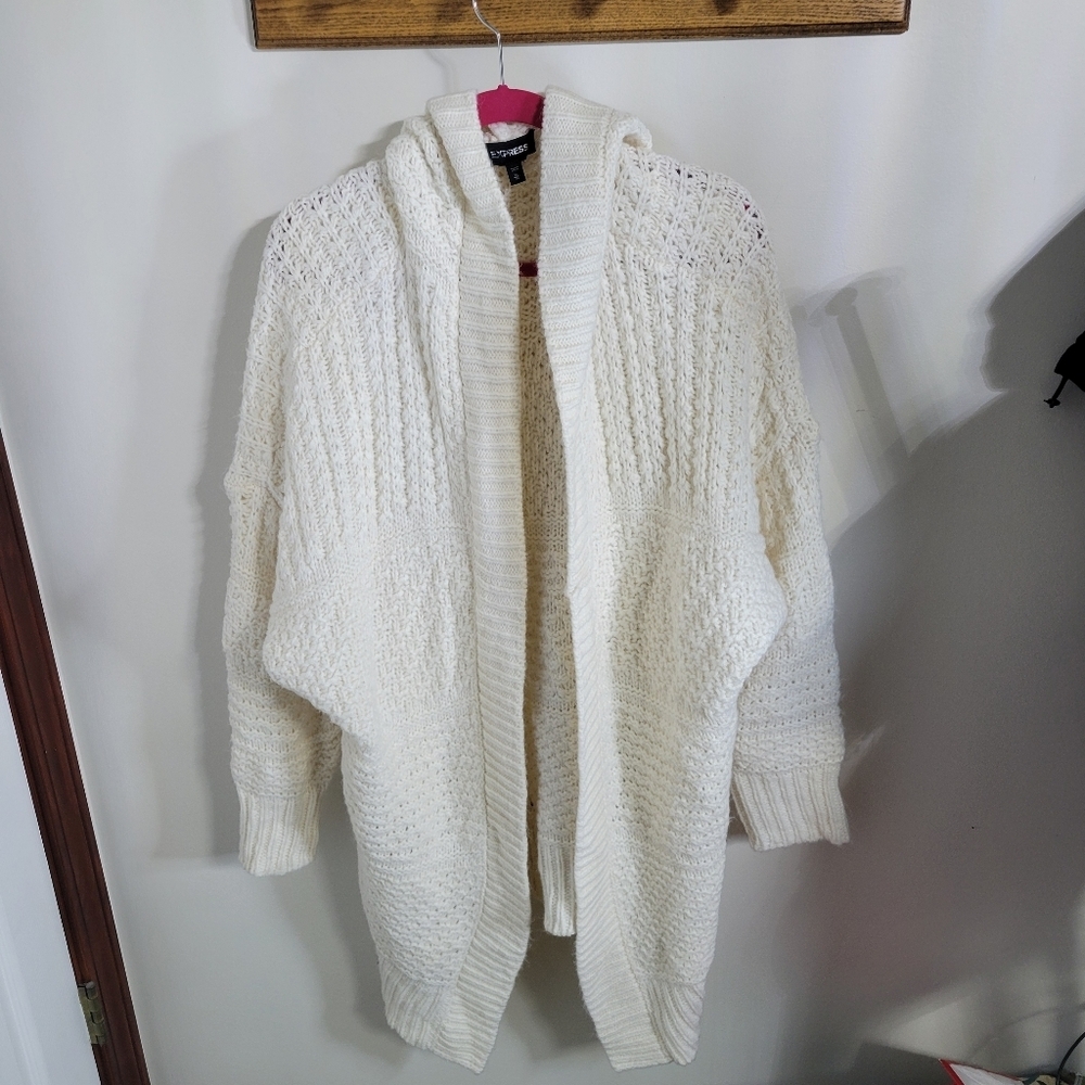 Express Knitted Long Cream Ivory Hooded Cardigan Jacket, Size XL